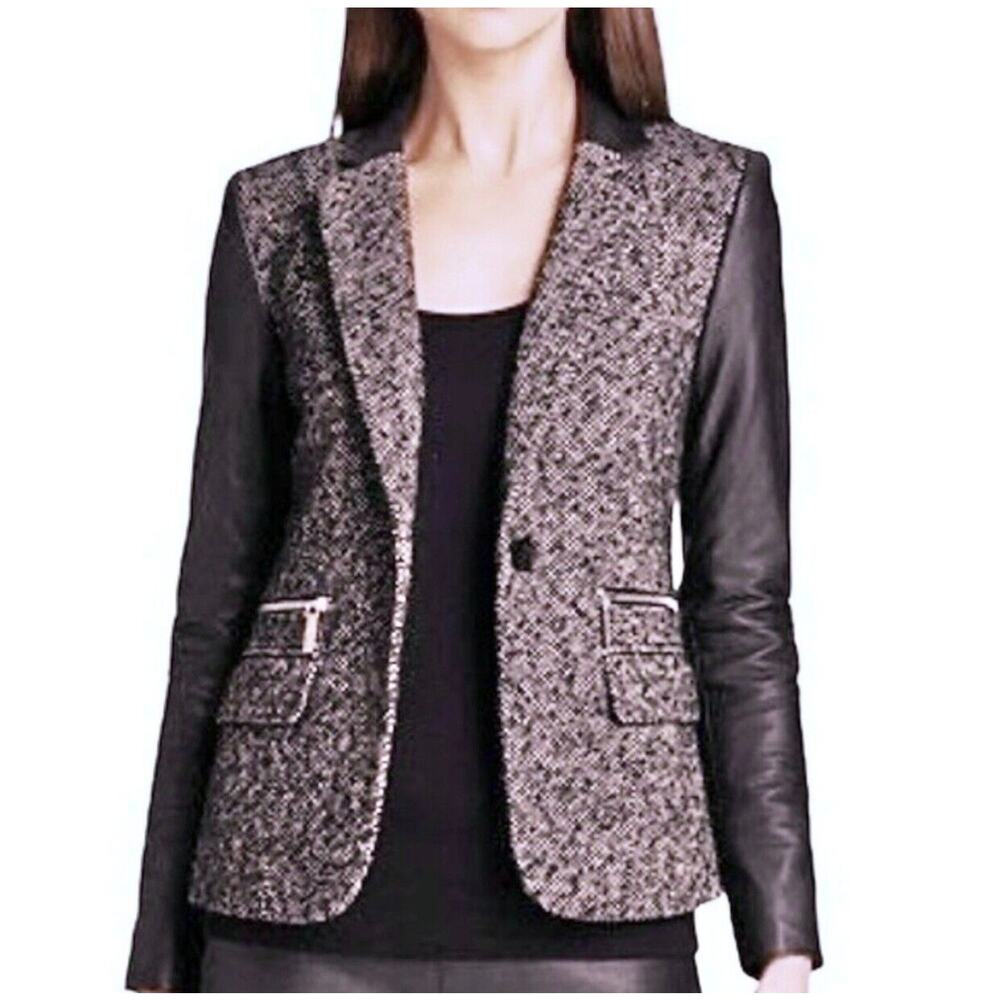 MICHAEL KORS Leather Wool Blend Tweed Sport Coat Jacket Blazer Black Fall Size 4 - Picture 11 of 11